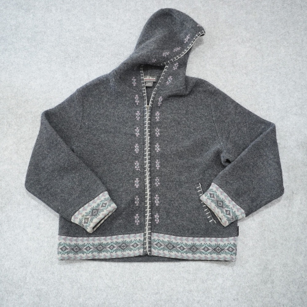 Woolrich Women's Size Large Grey Wool Fair Isle Full Zip Hooded Sweater Cozy